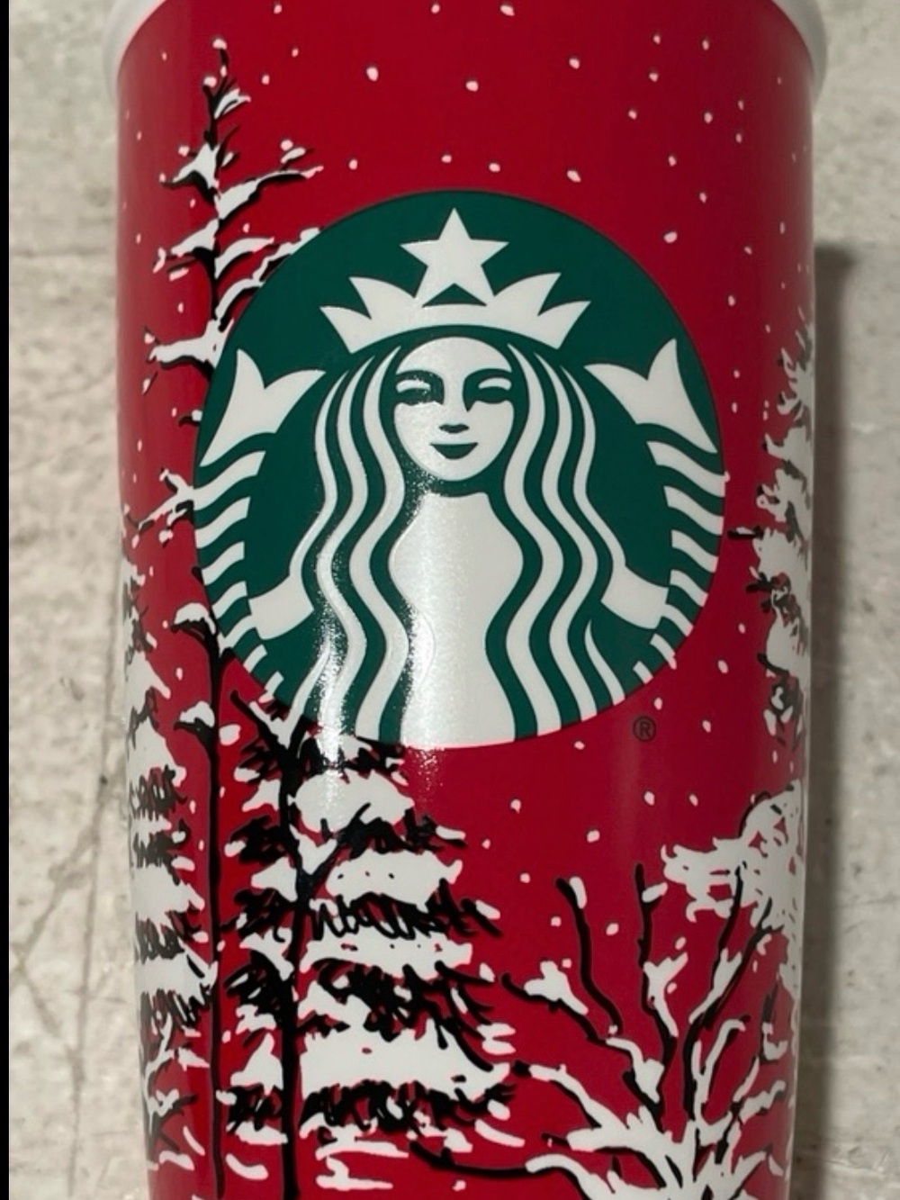 Starbucks 2016 Red Winter Evergreen Trees 12 oz Ceramic Travel Tumbler With Lid